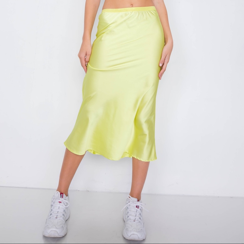 Retro Neon Lime Silk Round Hem Midi Skirt